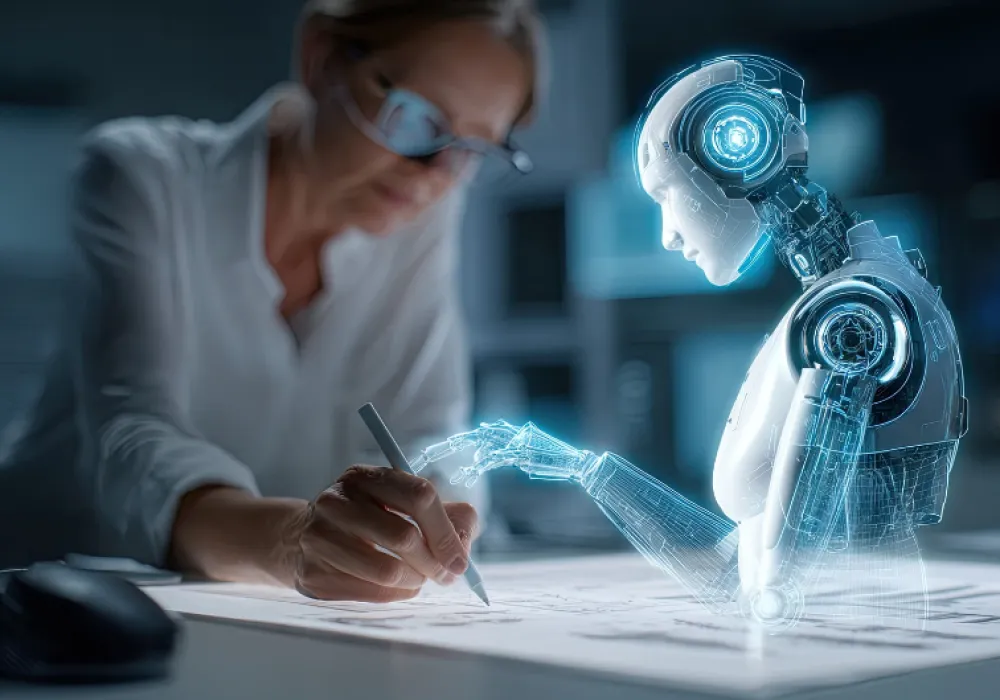 A person collaborating with a futuristic humanoid robot hologram, both interacting over a digital interface in a modern, high-tech environment.